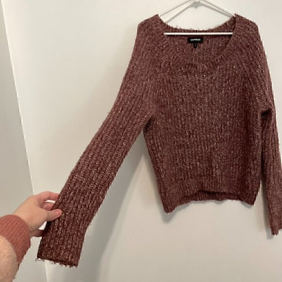 EXPRESS Purple White Marled Fuzzy Chunky Knit Thumbholes Round Neck Sweater XS - Picture 7 of 12